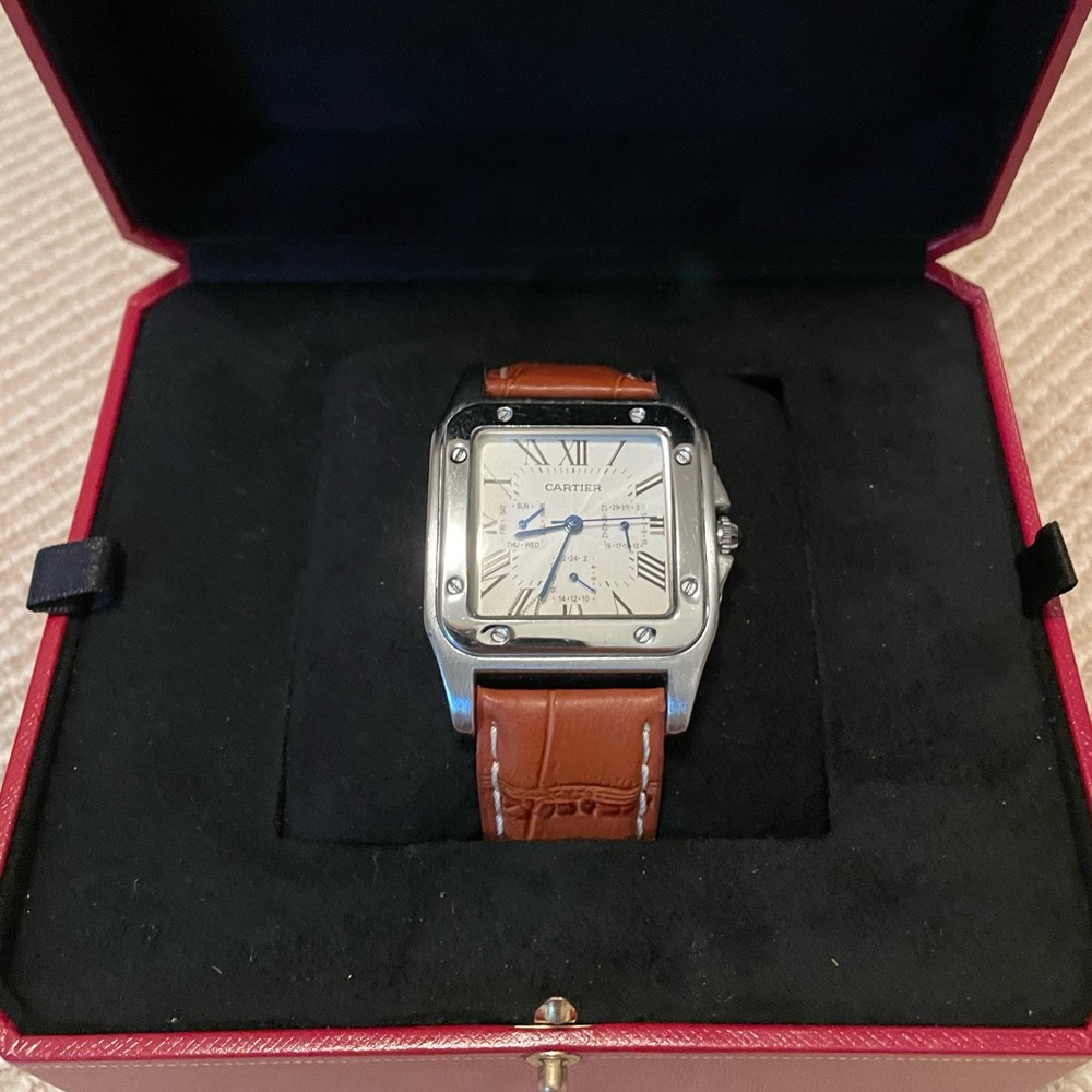 watch.  santos 100 leather strap stainless steel